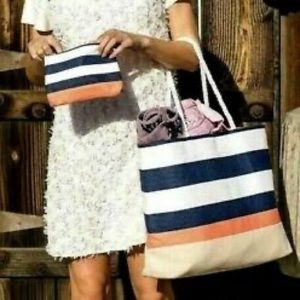NWT Blue White, Coral Beach Bag with Mini-Pouch